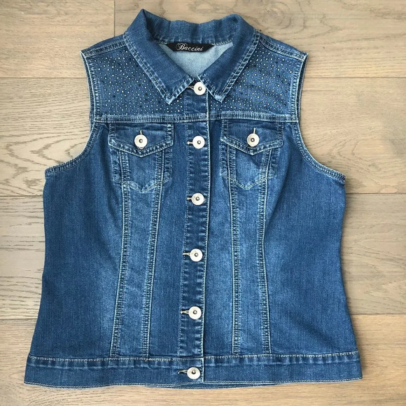 Baccini Button Down Denim Med Wash Jean Vest w Beaded Yoke Blue Sz M - no tags - Picture 1 of 10